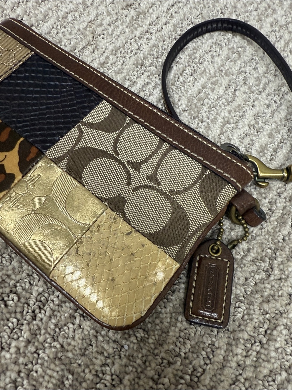 Coach Y2K Patchwork Leather & Suede Medium Wristlet in Brown and Gold Tones - Picture 4 of 10